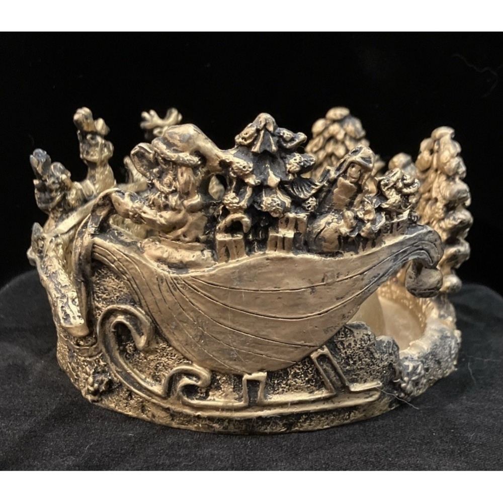 Vintage Christmas Santa Sleigh & Reindeer Bronze Tone Resin Table Candle Holder